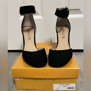 Unisa Black Fabric Ankle Strap Heels
